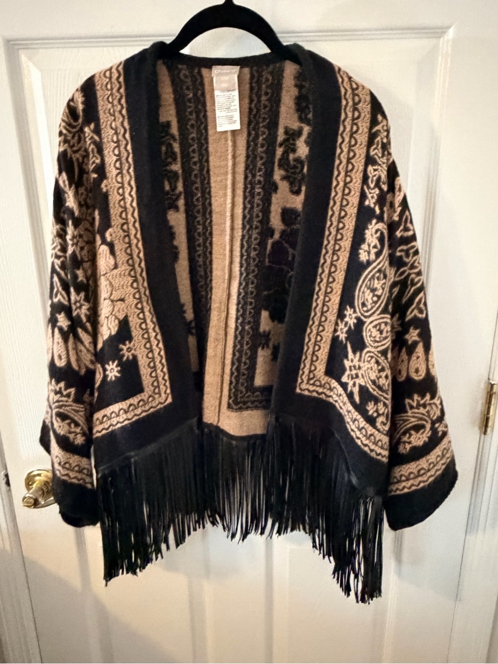 Chico's Black & Tan Patterned Open-Front Fringe Cardigan